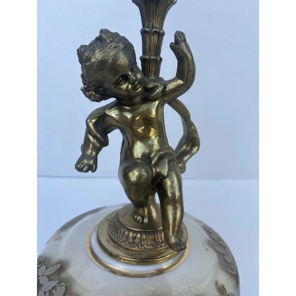 VTG MCM Hollywood Regency Brass Cherub Lamp Iridescent Glass Marble Base Tall